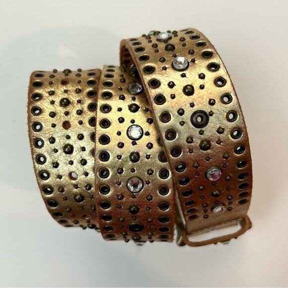 Fossil Gold Metallic Leather Belt, Studded with Rhinestones and Grommets, Size S - Picture 5 of 16